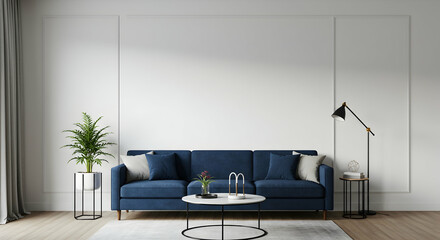 Design, Contemporary, Couch, Modern Living Room Interior with Blue Sofa and Empty Wall