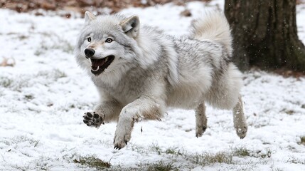 Obraz premium Gray wolf in motion through snowy terrain.