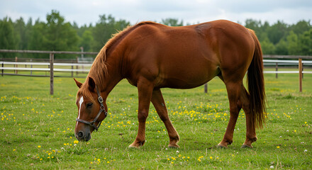Brown horse, Grazing horse, Horse in pasture, Chestnut Horse Grazing in a Green Pasture