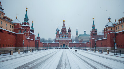 A minimalist stock photo showing a snowy winter scene of Moscow s iconic Red Square and the imposing Kremlin with its red brick walls and majestic towers, traditional, famous