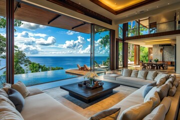 Obraz premium Luxury Oceanfront Living Room with Infinity Pool