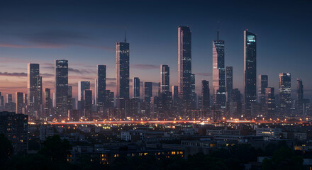 Fototapeta premium Cityscape, Skyscrapers, Buildings, Modern City Skyline at Dusk
