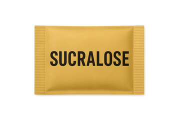 A packet of sucralose, an artificial sweetener, featuring bold text on a golden background. Concept Sucralose Benefits, Bold Packaging Design, Artificial Sweeteners, Golden Aesthetic