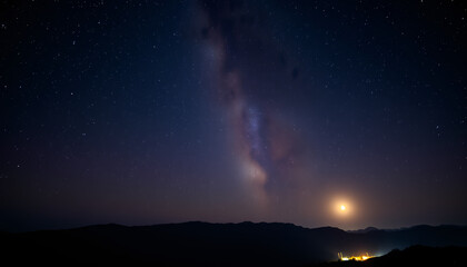 Fototapeta premium Celestial river flows above dark mountains