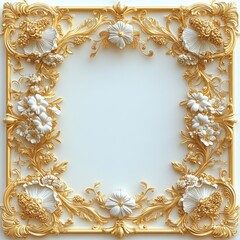ornate square frame with intricate gold floral and leaf patterns surrounding delicate white flowers creating an elegant and luxurious decorative border