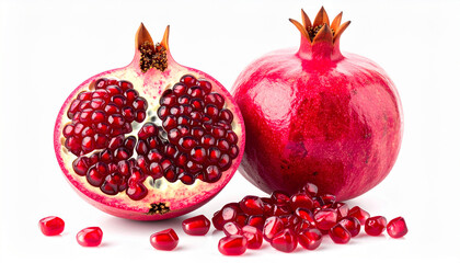 Juicy Pomegranate Fruit Whole and Cut Open, Realistic and Highly Detailed Botanical Illustration