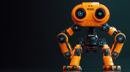 Fototapeta premium A futuristic robot with orange and black colors, standing upright against a dark background.
