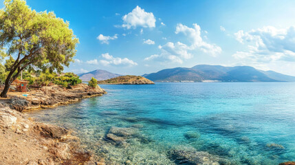 Fototapeta premium Panoramic sea-facing dining view from a coastal restaurant in Elounda, Crete, Greece