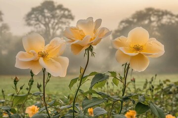 Three yellow roses with dew drops in a misty garden.