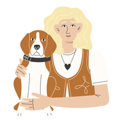 Flat Style Illustration of a Young Woman Hugging Her Beagle Dog for National Dog Day Greeting Card