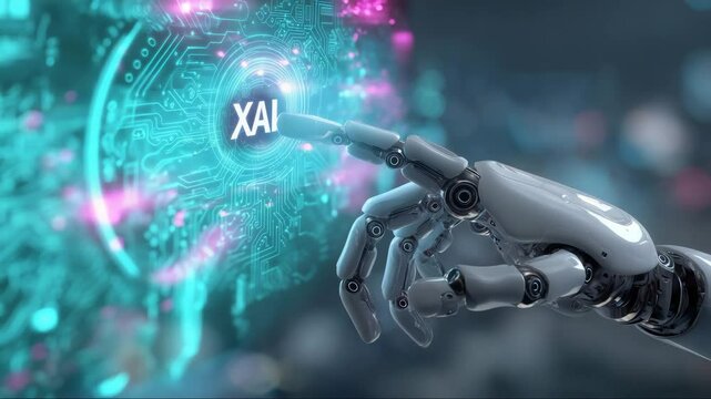 Robotic hand reaching toward glowing holographic XAI interface, digital data pulses and neural diagrams in background, representing Explainable Artificial Intelligence in action
