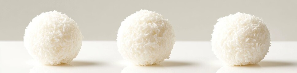 Three white coconut balls on a white surface