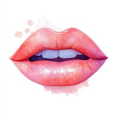 Obraz premium Close-up watercolor painting of glossy pink lips slightly parted showing teeth with soft color splashes around