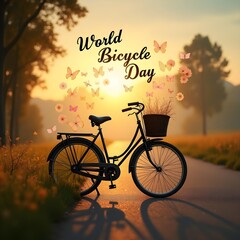 Naklejka premium Serene World Bicycle Day Scene: Vintage Bicycle with Wicker Basket on a Country Road at Sunset with Butterflies and Flowers, Promoting Eco-Friendly Transportation and Healthy Lifestyle