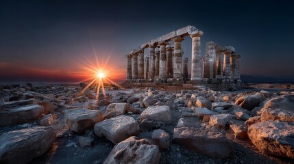 Panoramic view of Karnak Temple at dawn with columns and long shadows