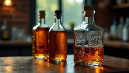 Half-empty alcohol bottles on a table, low light, half-empty, risky