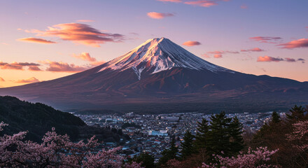 Fototapeta premium Majestic Mount Fuji Sunrise with Blooming Cherry Blossoms and Town View