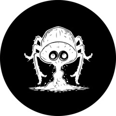 Surreal arachnid depiction with unique design elements on a stark black circle