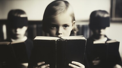 Mysterious children reading book with obscured faces in dimly lit room