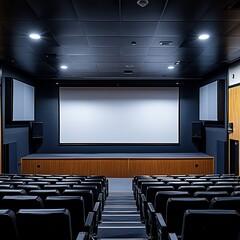 Interior view of a cinema auditorium with screen and empty seating arrangement