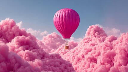 Fototapeta premium Colorful hot air balloon soaring over fluffy pink clouds during a bright and sunny day in a whimsical sky