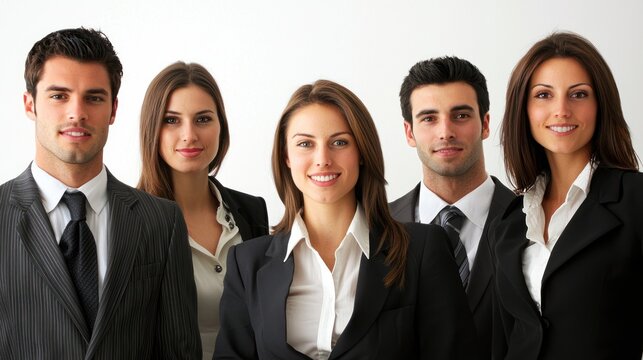 A group of five business professionals standing together in a professional setting.