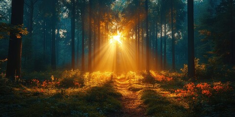 Naklejka premium Sunbeams pierce a misty forest, illuminating a path through vibrant flora. Golden light filters through tall trees, casting a magical glow
