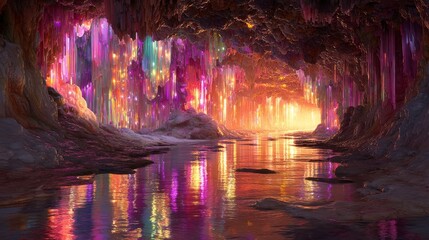 Fototapeta premium Ethereal Cave with Colorful Crystal Formations and Reflective Water Surface Illuminated by Vibrant Light Displays