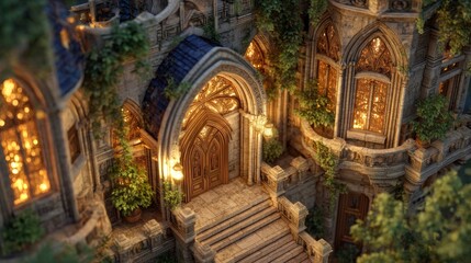 Fototapeta premium Enchanted stone building with glowing windows and lush greenery, perfect for fantasy, architecture, or magical themes