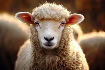 Close-up of a fluffy sheep with curly wool looking directly at the camera in warm light with blurred background