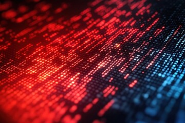 Close-up of digital binary code in red and blue glowing light representing data flow and technology