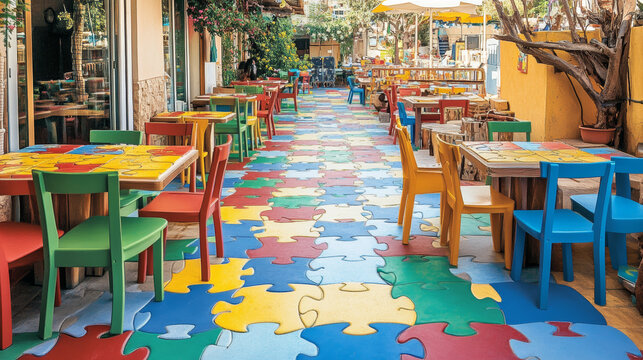 Vibrant puzzle-patterned flooring marks a kids&acirc;&euro;&trade; play corner on a seaside restaurant terrace in Bugibba, Malta