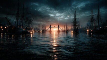 Naklejka premium Steamships and paddle boats crowd the Thames near Tower Bridge at sunset