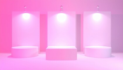 Three elegant white pedestals illuminated by soft pink lighting, set against a minimalist backdrop, creating a serene and modern atmosphere in the room.