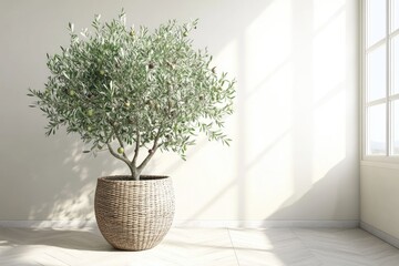 Fototapeta premium Olive tree in a woven pot, bright room