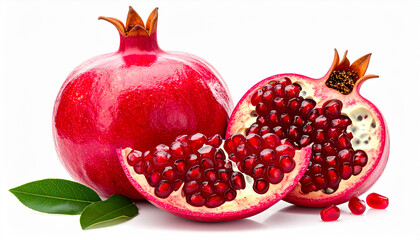Realistic Pomegranate Fruit on Wooden Surface, Whole and Cut Open, Highly Detailed Botanical Art