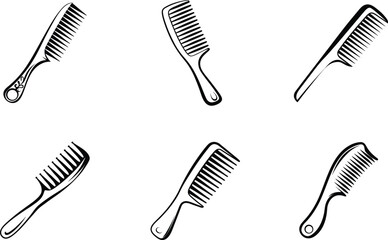 Set of six different stylized comb illustrations for hair styling and grooming