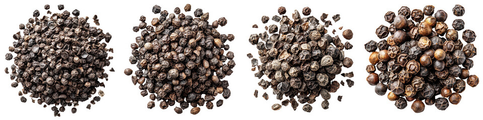 Obraz premium Crushed black pepper grains in dynamic layout, bold texture for savory food styling, isolated on white background