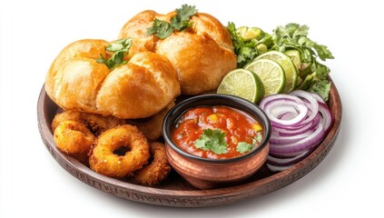 Indian street food platter with spicy dip, bread rolls, and fried snacks