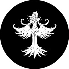 Ethereal winged figure in monochrome, representing transformation and grace within darkness