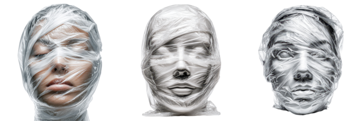 Face wrapped in transparent plastic, metaphor for pressure, anxiety, or concealment, isolated on white background