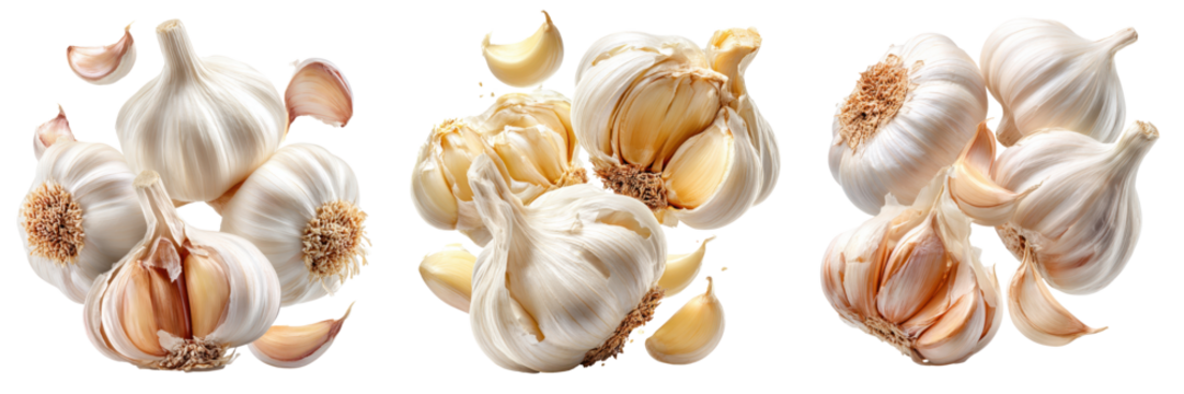 Garlic cloves floating with skin partially peeled, aromatic base for various culinary themes, isolated on white background
