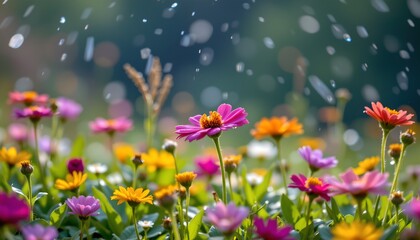 Fototapeta premium wildflowers in a meadow after rain, raindrops glistening on petals