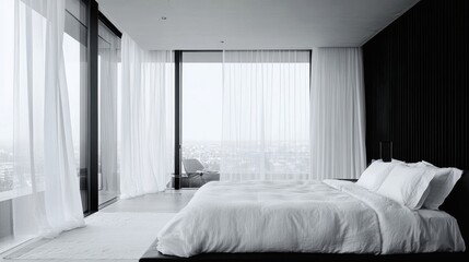 modern minimalist bedroom with city view