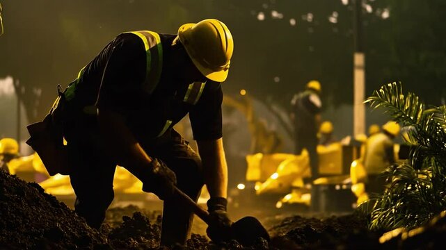 Worker Digging Soil with Shovel at Construction Site During Twilight Hours
