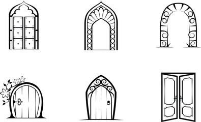 Collection of stylized door and archway illustrations in black and white