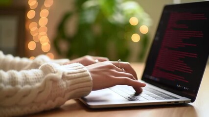 Woman Typing on Laptop with Red Code Displayed and String Lights in Background