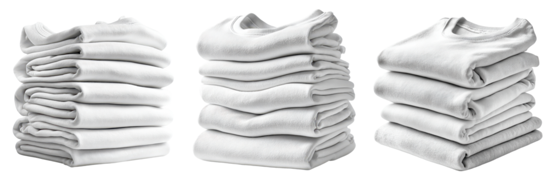 Stack of folded white T-shirts with soft texture, simple wardrobe staple in everyday use, isolated on white background