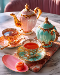 Fototapeta premium Luxurious tea service with golden porcelain pots and delicate macarons