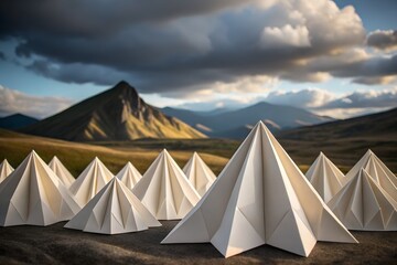 Origami Paper Tents in Mountain Valley Under Dramatic Cloudy Sky